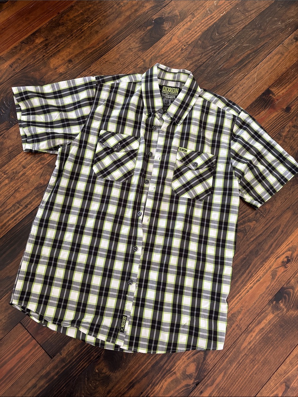 DIXXON Short-Sleeve Bamboo Plaid Button-Down Shirt — Black, White & Lime